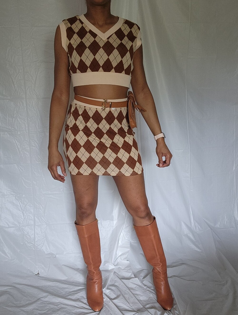 🤎 SHEIN Brown Cream Argyle Knit Matching Set 🤎